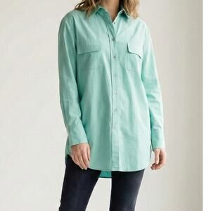 Worthington Womens Size 12 Silk Cotton Blend Green Long Button Front Shirt